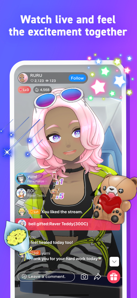 A 3D anime avatar live streaming with interactive gifts and chat in the REALITY app