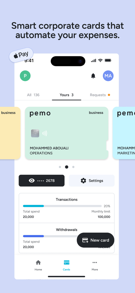 Pemo mobile app interface showing a corporate card for operations and real-time transaction spending limits.