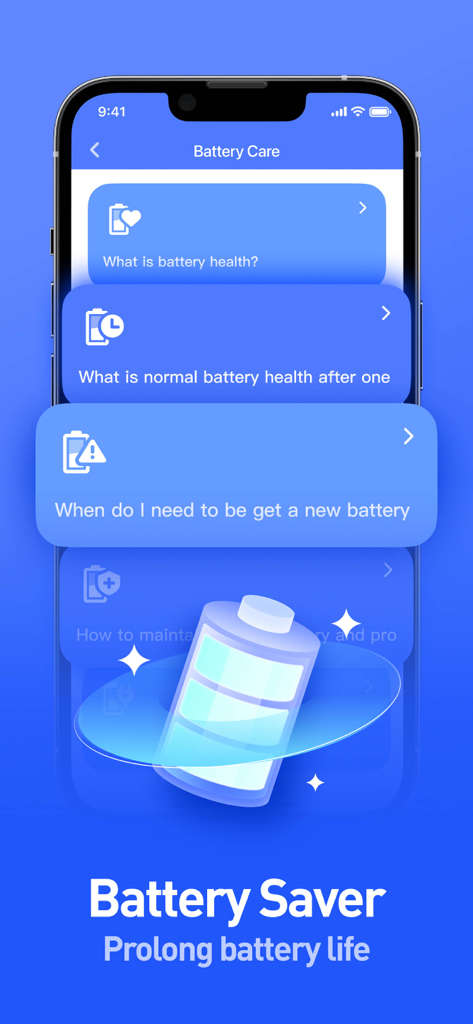 Interfaz de la aplicación One Cleaner que muestra las funciones de ahorro y cuidado de la batería en un iPhone.