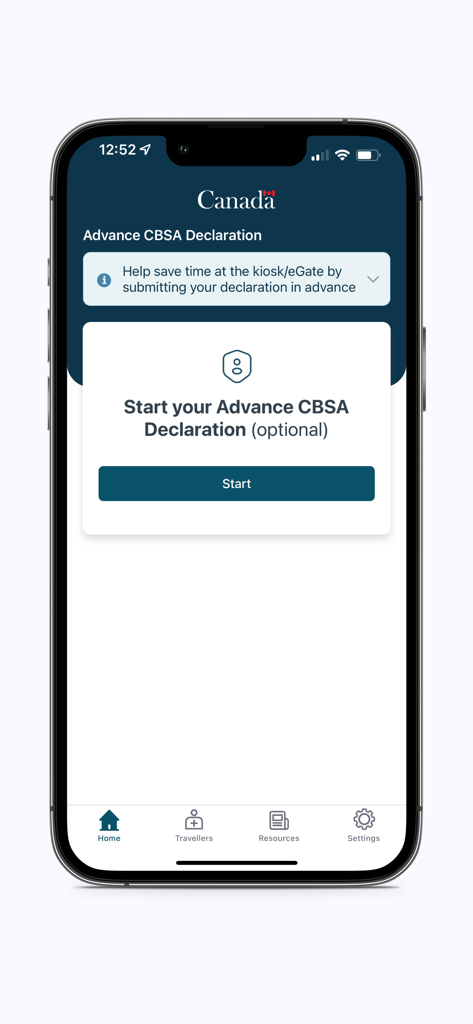 ArriveCAN - ArriveCAN 앱 홈 화면에 '사전 CBSA 신고서 시작' 버튼이 있습니다.