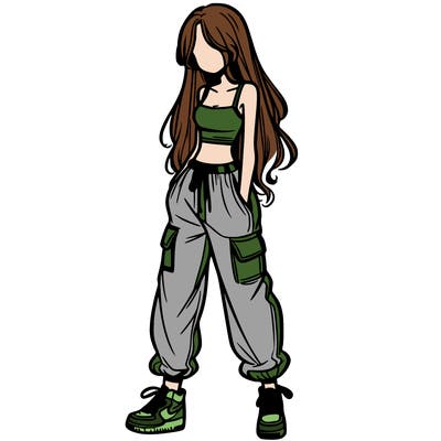 girl in baggy pants crop top and long hair