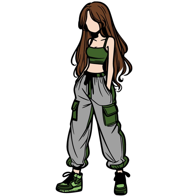girl in baggy pants crop top and long hair