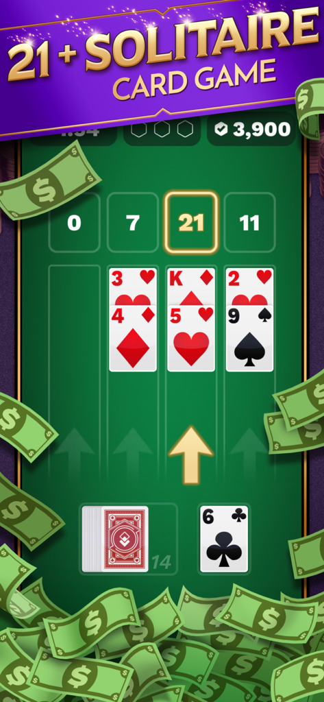 21 Blitz: Real Money Blackjack - 21 Blitz gameplay showing card stacks and scoring on a green felt background with cash graphics