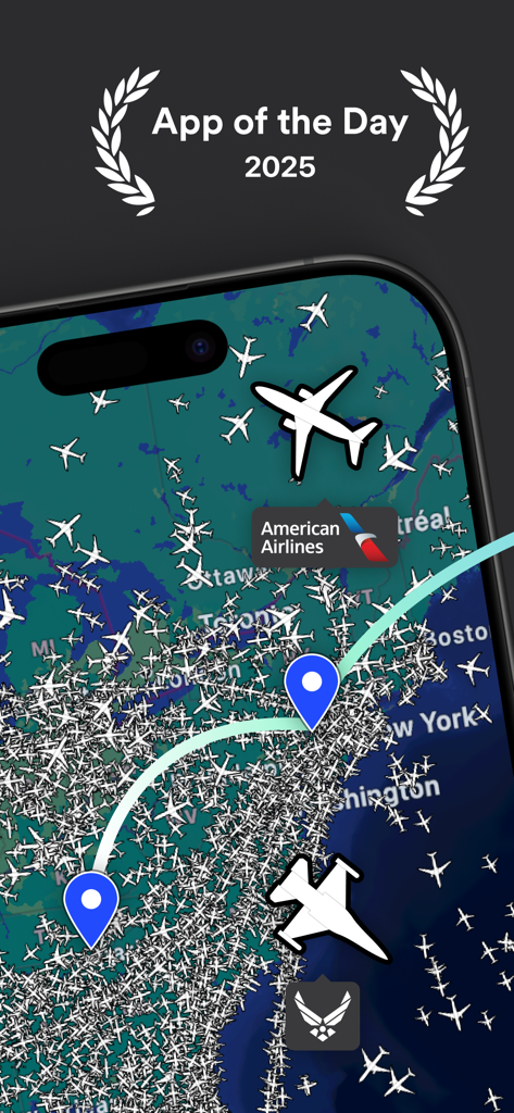 Aplicativo Plane Finder mostrando mapa de rastreamento de voo ao vivo sobre a América do Norte com detalhes de voo da American Airlines e prêmio App of the Day 2025