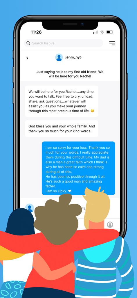 A chat screen in the Inspire app showing members offering emotional support and empathy with a community illustration