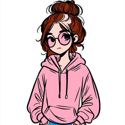teen girl with a messy bun and glasses wearing a loose hoodie and jeans