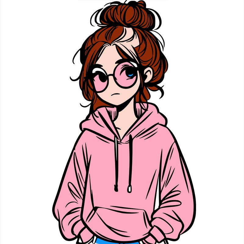 teen girl with a messy bun and glasses wearing a loose hoodie and jeans