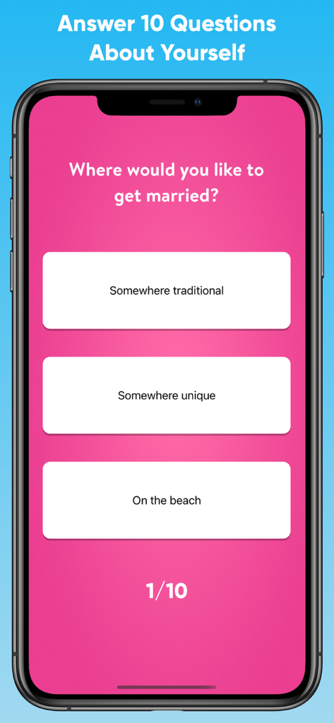 Una pregunta de cuestionario en la aplicación ¿Cuándo me casaré? preguntando dónde le gustaría casarse al usuario con opciones para lugares tradicionales, únicos o de playa