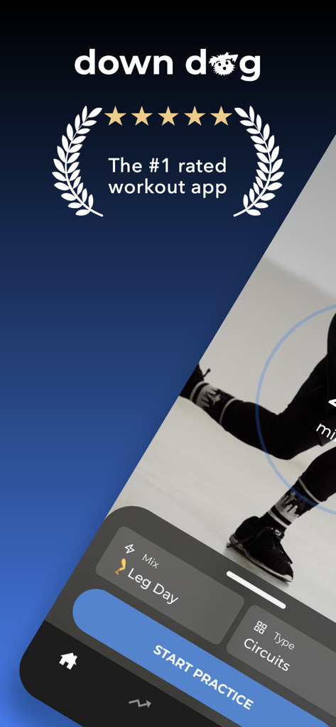 HIIT | Down Dog - Screenshot of HIIT Down Dog app highlighting its status as the top-rated workout app with a Leg Day training session ready to start.