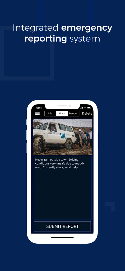 SCAAN - Mobile interface of the SCAAN app displaying an integrated emergency reporting system with a field update about a stuck vehicle