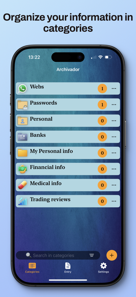 Archivador - Interfaz de la aplicación Archivador mostrando categorías para organizar información personal y financiera