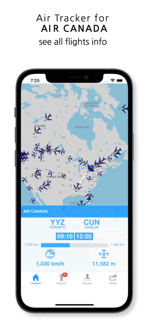 Air Canada flight radar app displaying a map of North America with real time aircraft tracking and specific flight data like speed and altitude