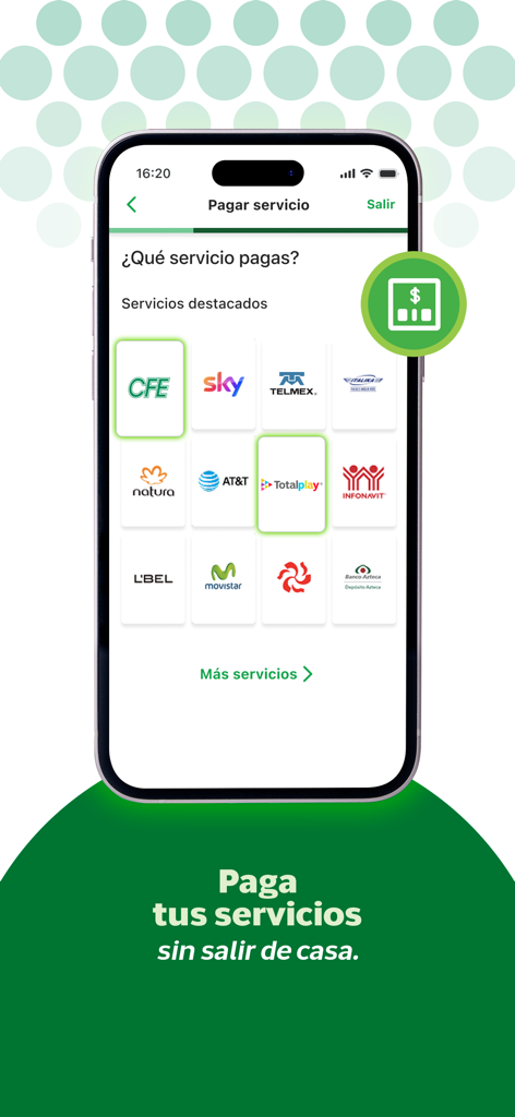 Interface de l'application mobile Banco Azteca montrant une liste de fournisseurs de services mexicains pour le paiement des factures de services publics
