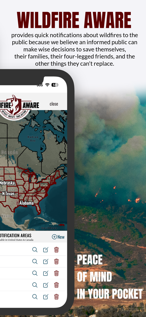 Wildfire Aware® | Fire Alerts - Wildfire Aware app interface showing a map of wildfire notification areas in North America with a smoke filled landscape background