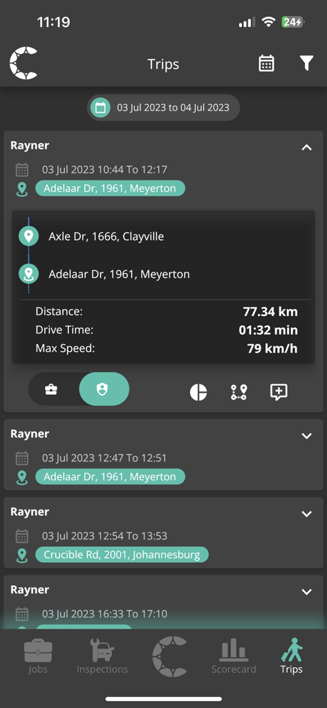 Ctrack Crystal mobile app showing a detailed trip log with vehicle distance drive time and route history