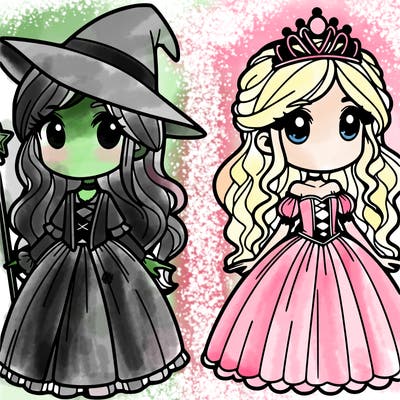 2 girls 1 a witch and 5he other a princess