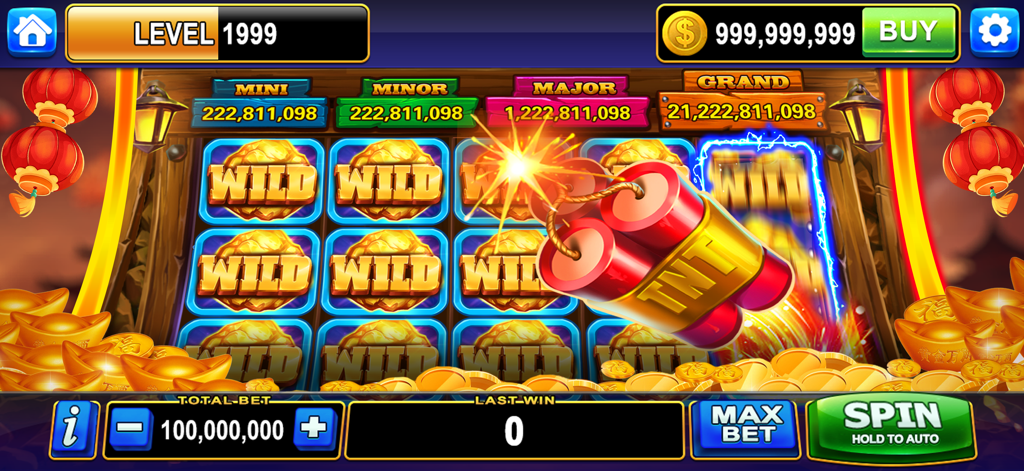 Vegas Casino Slots - Mega Win - Spielansicht von Vegas Casino Slots mit wilden Goldsymbolen und TNT-Dynamit