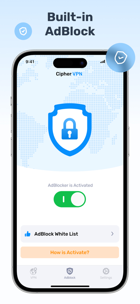 Cipher VPN  - Proxy Master - Cipher VPN app screen showing the built-in adblocker feature activated on an iPhone