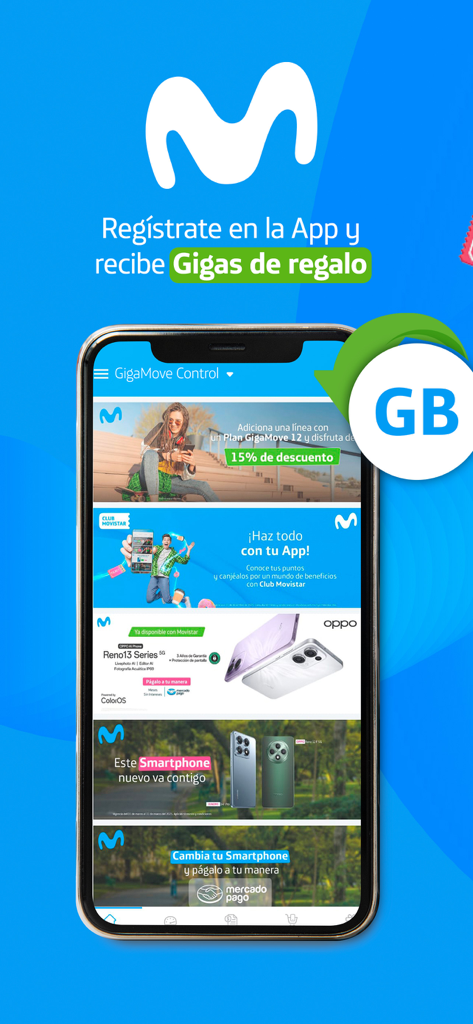 Movistar MX–Tu línea en la App - Movistar MX 앱 홈 화면에 다양한 서비스 프로모션과 등록 선물 메시지가 표시됩니다.