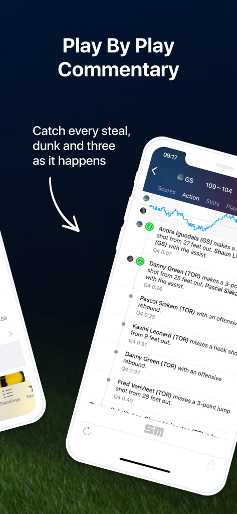 모바일 앱 인터페이스에서 NBA 라이브 플레이별 해설 및 실시간 점수