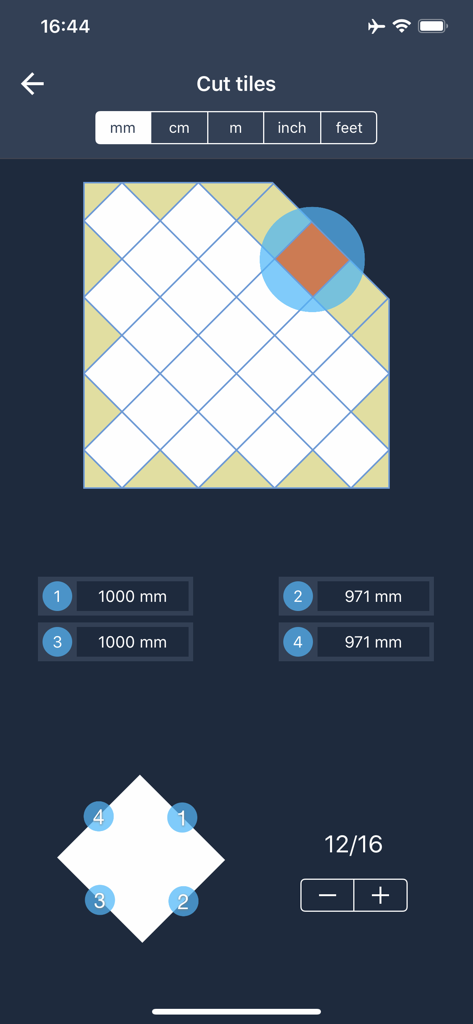 Mobile app screen showing a diagonal tile layout with numerical measurements for cut tiles in millimeters