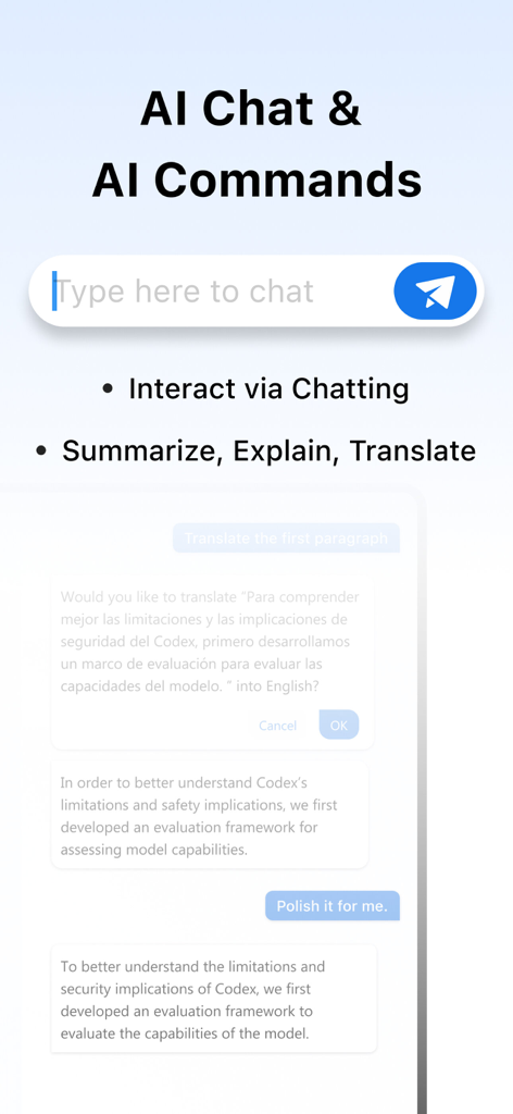 PDF Gear Mobile App-Oberfläche mit KI-Chat zum Zusammenfassen und Übersetzen von PDF-Text