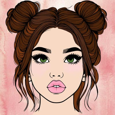 realistic girl with two buns on her hair and lips