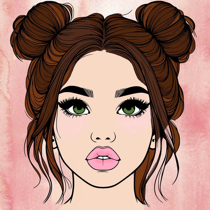 realistic girl with two buns on her hair and lips