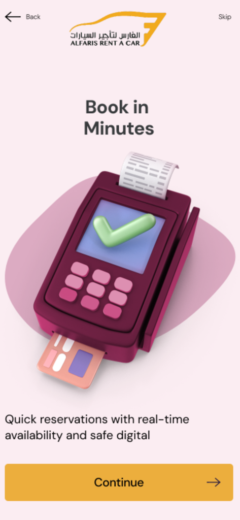 Alfaris Rent A Car - Alfaris Rent A Car app screen for quick car booking and safe digital payments.