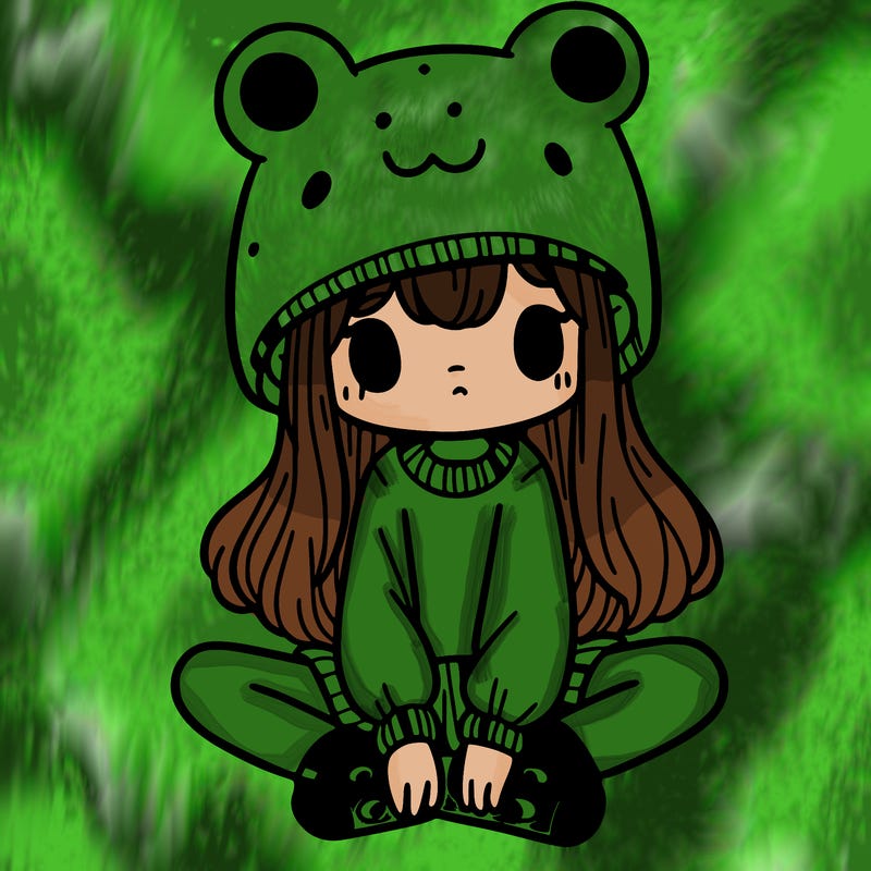a girl wearing a frog hat and some frog socks