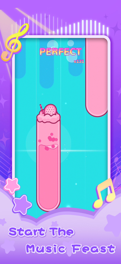 Dream Notes - Cute Music Game - Gameplay screen of Dream Notes music game featuring a cute pink smoothie tile and a combo counter