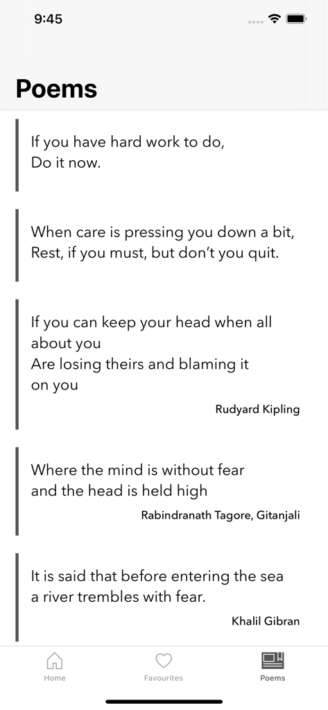 Simply Inspiring - A screen from the Simply Inspiring app displaying a curated list of motivational poems and quotes by famous authors.