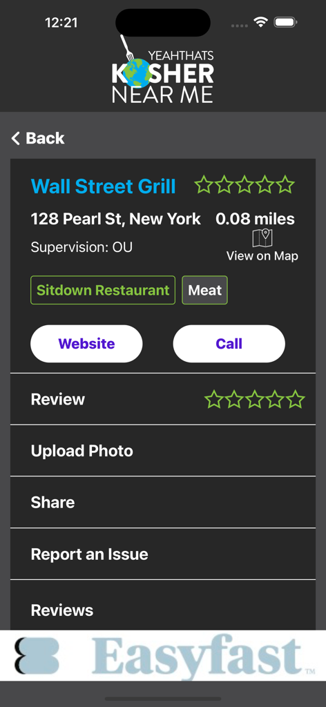 Kosher Near Me - Screenshot of the Kosher Near Me app displaying details for a meat restaurant in New York City including kosher certification and location