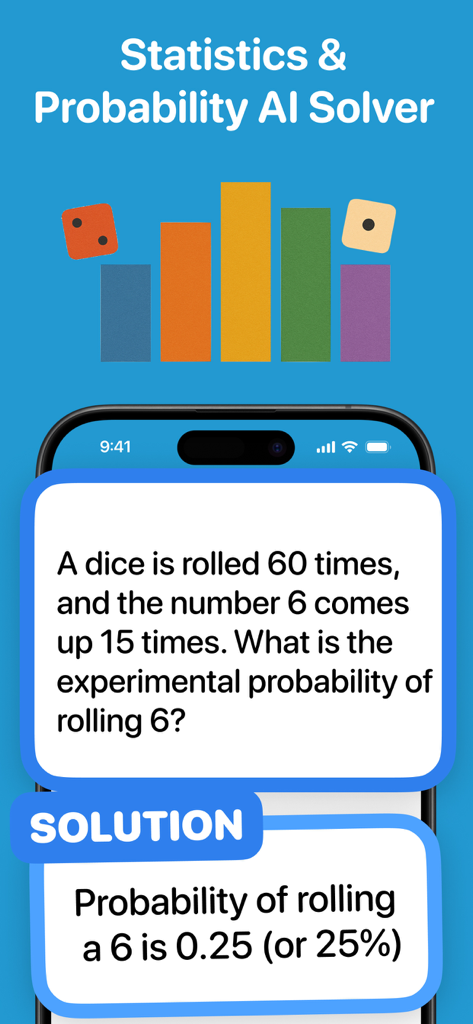 Statistics AI: Homework Solver - A mobile app screen showing a probability problem about rolling a dice and its step by step solution