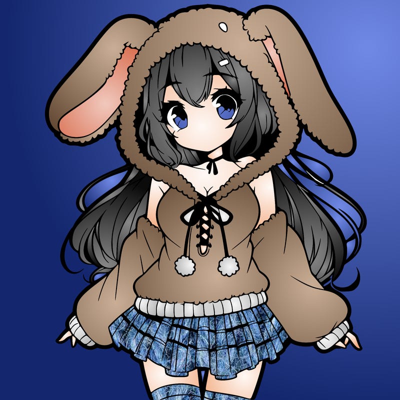 pretty anime girl wearing a fluffy hoodie with bunny ears on the hood and a skirt