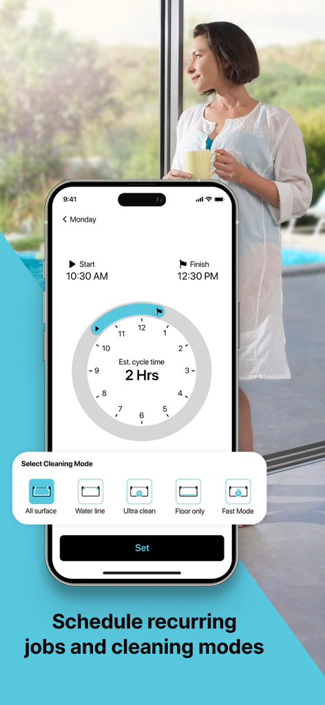 MyDolphin Plus - MyDolphin Plus app interface for scheduling pool cleaning cycles and modes