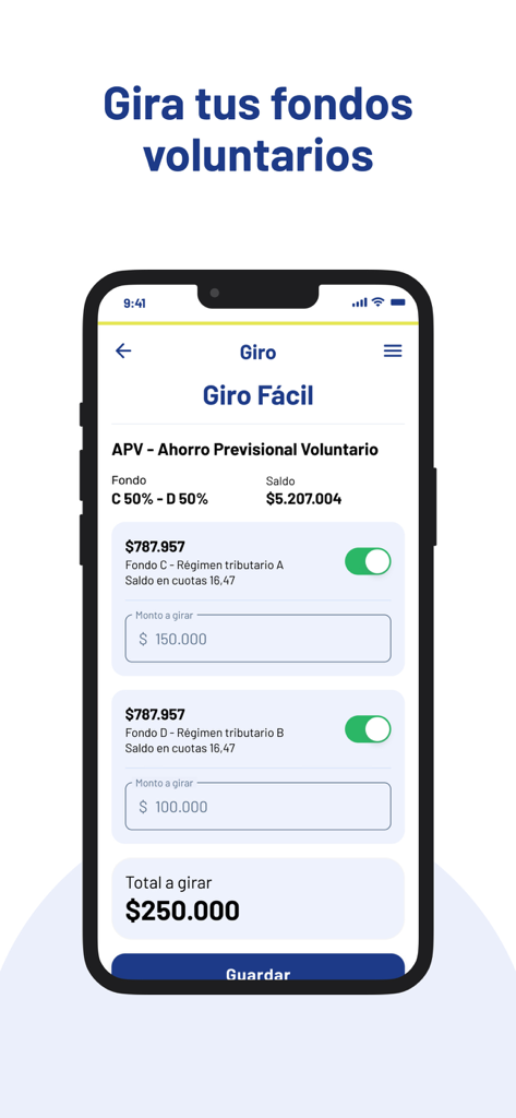 A mobile interface for Mi AFP Capital app showing the Easy Withdrawal screen for voluntary pension savings with fund selection and amount fields.