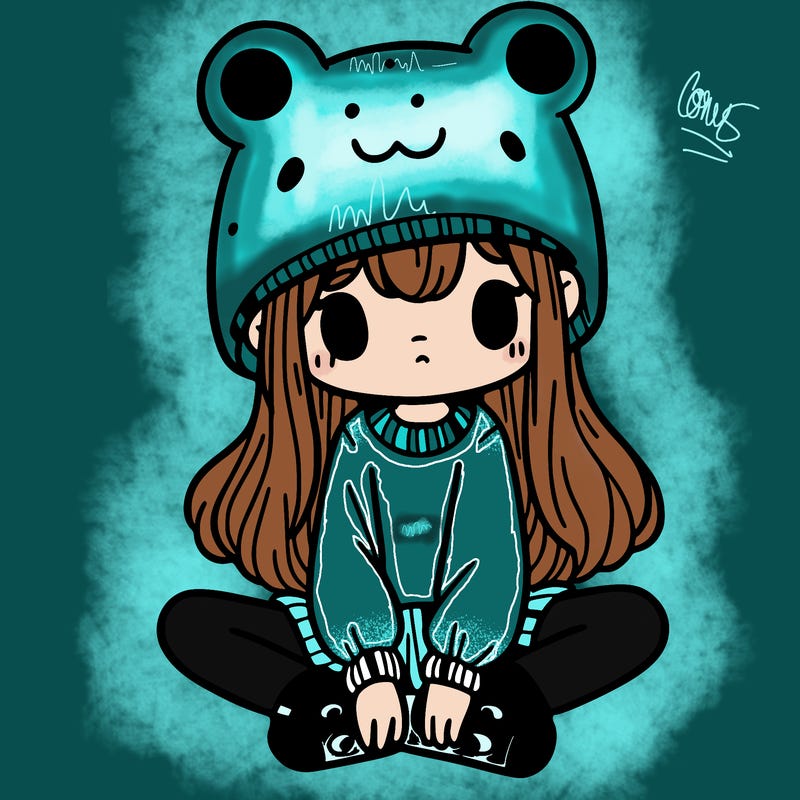 a girl wearing a frog hat and some frog socks
