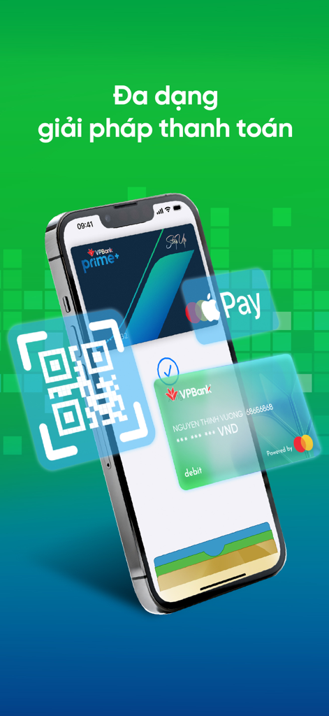 VPBank NEO - Smartphone mit VPBank NEO App, das QR-Code, Apple Pay und Debitkarten-Zahlungsoptionen anzeigt