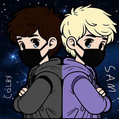 two boys back to back with masks on and a hoodie