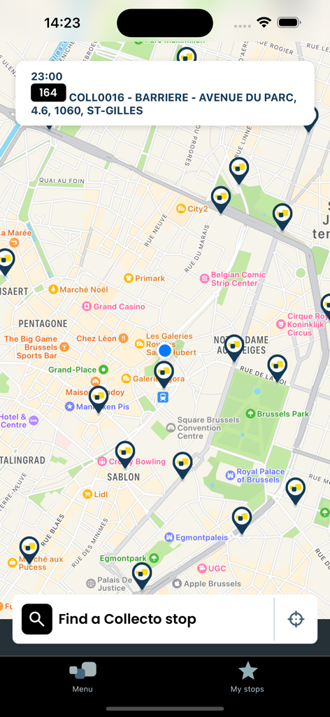 Collecto, your shared taxi - Mapa de la app Collecto que muestra los puntos de partida de los taxis compartidos en el centro de Bruselas