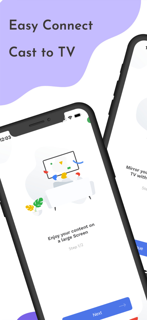 TV Cast Mirror for Chromecast - Smartphone screens showing the onboarding process for the TV Cast Mirror app with Easy Connect and Cast to TV features