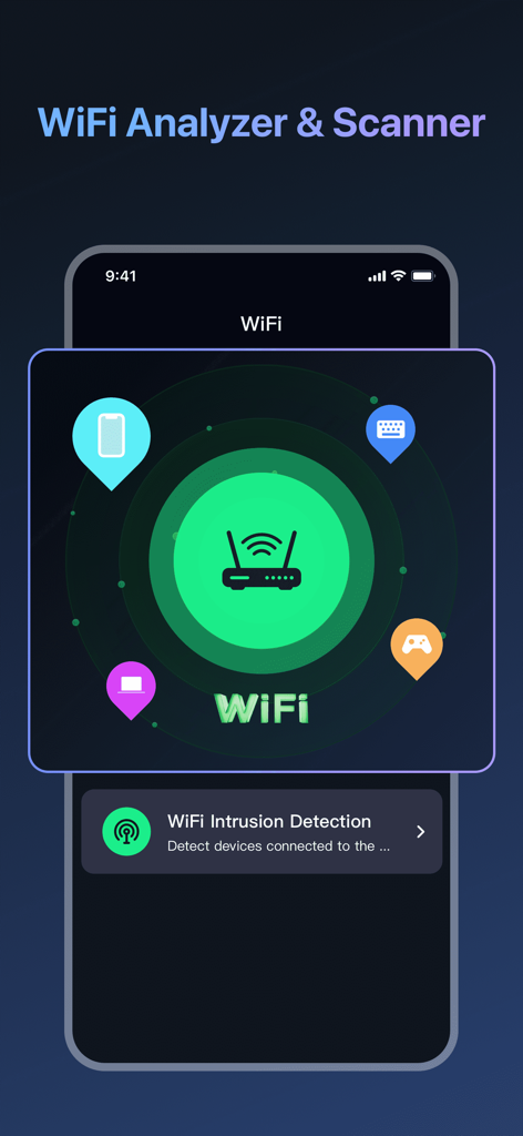 Speed Test - WiFi Analyzer + - Écran WiFi Analyzer et détection d'intrusion montrant une analyse réseau des appareils connectés