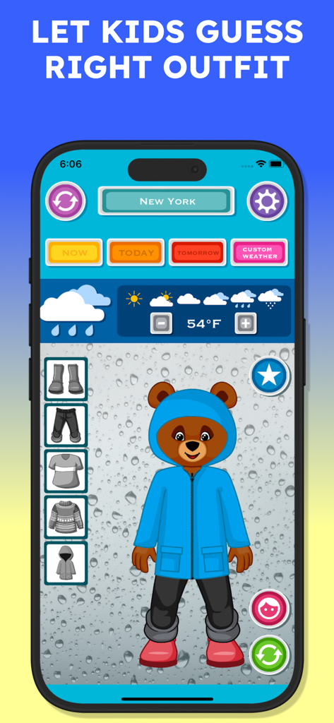 Forecast & What to Wear - A bear character dressed in a blue raincoat for a rainy weather forecast on the kids mobile app screen