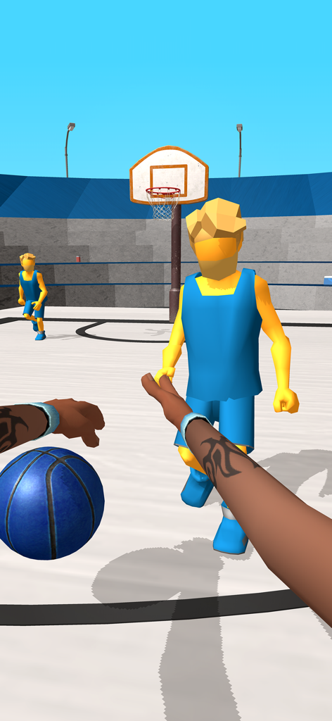 Perspectiva en primera persona de un jugador driblando un balón de baloncesto azul hacia un defensor en una cancha exterior en el juego Dribble Hoops.