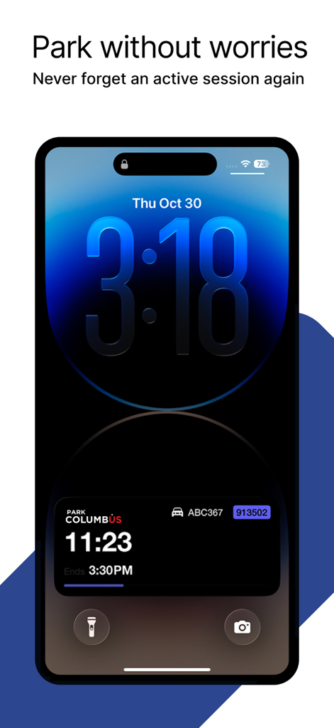 ParkColumbus - ParkColumbus app live activity on an iPhone lock screen showing an active parking session with a remaining time countdown and zone details.