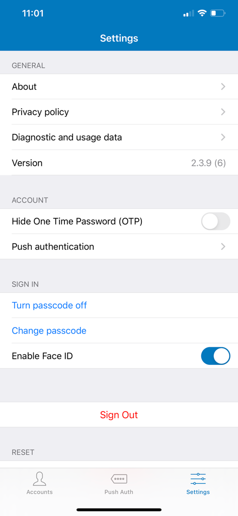 DigitalPersona - Écran des paramètres de l'application DigitalPersona montrant les options de sécurité et de compte.
