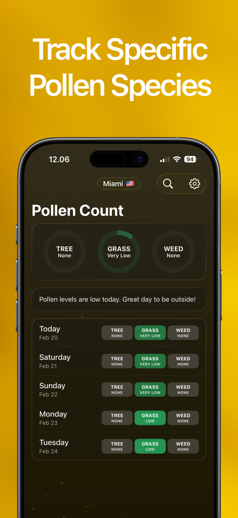 Pollen Count Today: Tracker - La interfaz de la aplicación Recuento de Polen Hoy muestra los niveles de polen diarios y semanales para especies específicas