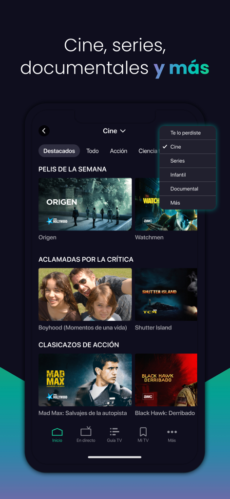 Agile TV app screen displaying a library of movies and series categories
