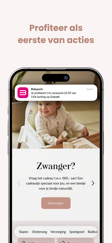 Babypark-Mobile-App-Oberfläche, die eine Werbemitteilung für Babyprodukte und ein kostenloses Geschenkpaketangebot für schwangere Nutzer anzeigt.